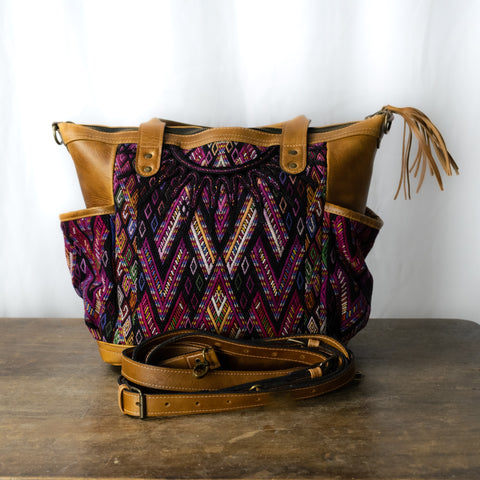 Nahual Multipurpose M Bag |  Light Brown Leather and Mayan Huipil